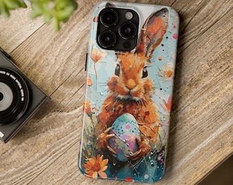 Funda para iPhone con diseño de conejo, diseño floral de conejo, regalo de Pascua, funda protectora para teléfono, linda ilustración de animal, accesorio único