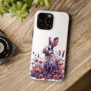 iPhone-hoesje bloemen konijn, schattig konijntje in tuinprint, beschermende telefoonhoes, op de natuur geïnspireerd ontwerp, uniek cadeau-idee, duurzaam hoesje