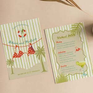 Bikinis and Martinis Bachelorette Itinerary, Green and Red Bikini and Martini Party Invite, Editable Canva Template, Girls Trip Itinerary