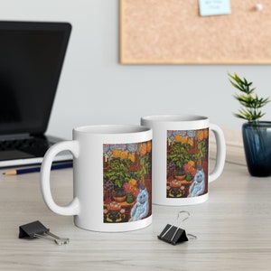 Louis Wain Katzen Grau Silber Katze im Blumengarten Weiße Keramiktasse, 11 Unze Kaffee Teetasse Becher Katzenliebhaber