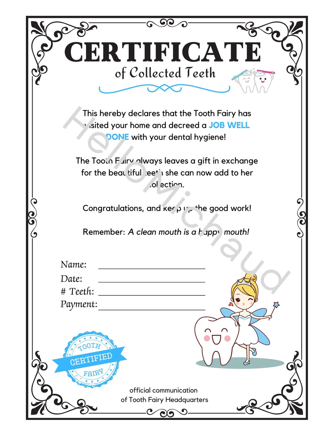 Printable TOOTH FAIRY CERTIFICATE **fairy Version** Etsy