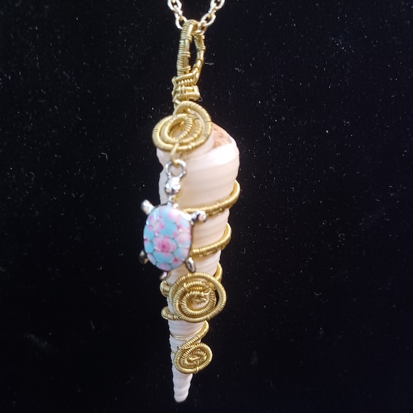 Handcrafted Brass & Auger Shell Necklace w/Pink Enameled Turle Charm - gift for, Mother's Day, Grandmother, mermaidcore, sea theme, seashell