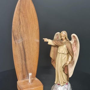 Antique Plaster statue archangel Gabriel in wooden console, 30 cm high