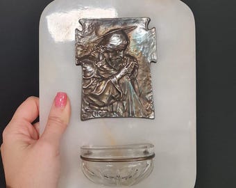 Rare Antique French White Marble Jesus Holy Water Font, c1920