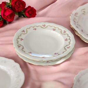 Vintage Set of two plates Deep/Pasta plate and dinner plate Rheinkrone Bavaria with pink/red roses with gold rim