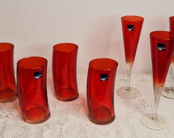 Ensemble de 7 verres vintage incurvés Leonardo Swing, Allemagne, de couleur rouge. Verres à champagne Leonardo