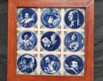 Vintage Framed Delft Ceramic Tile, Dutch Masters Portrait