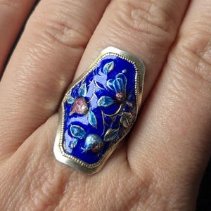Antique silver ring with adjustable size, Blue Floral enamel ring, signed