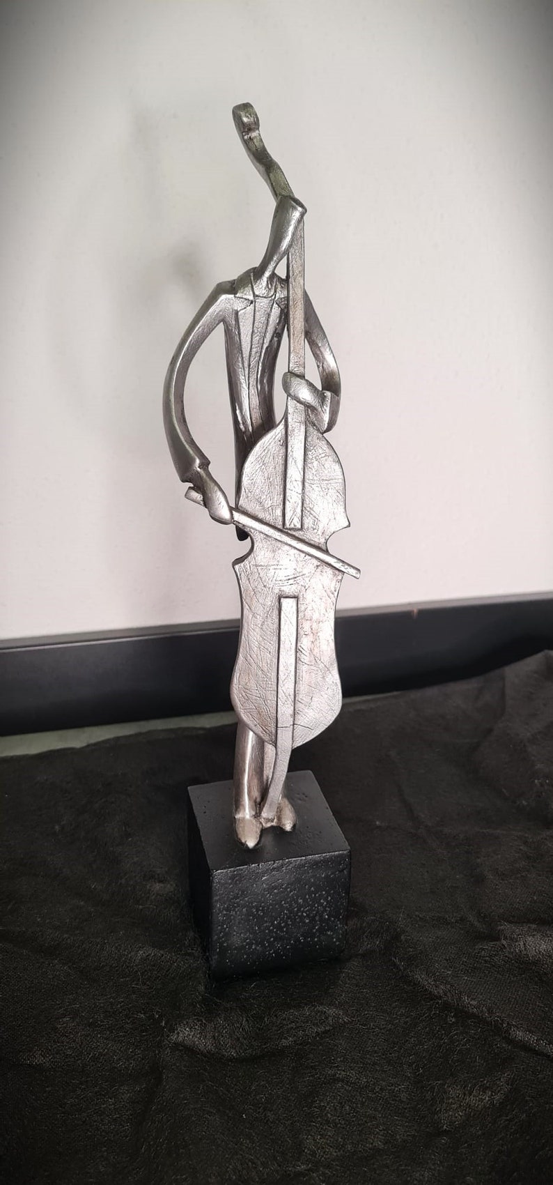 Handmade sculpture 'Man with cello', figurine, gift, musical man, decoration, silver color image 2