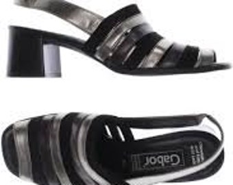 Vintage zapatos de mujer Gabor verano cuero genuino tacón bajo tamaño UE 38/Reino Unido 5/Hecho en Austria sandalias de tacón negro, gris y plateado