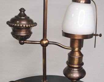 Two Vintage lamps, desk lamp and wall lamp with brass base and milk glass lamp covers