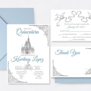 Quinceamaßa Schloss Cinderella Einladungs-Vorlage, Dankeschön-Karte, Antwortkarte, Sweet 16, Hochzeit, Babyparty, Geburtstag, Disney