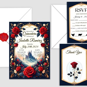 Modello suite invito La Bella e la Bestia del castello di Quinceañera, biglietto di ringraziamento, biglietto RSVP, dolce 16, matrimonio, baby shower compleanno Disney