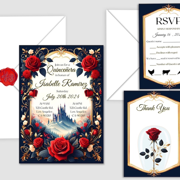 Quinceañera Castle Beauty and the Beast Invitation Suite Template, Thank You Card, RSVP Card, Sweet 16, Wedding, Baby Shower, Birthday