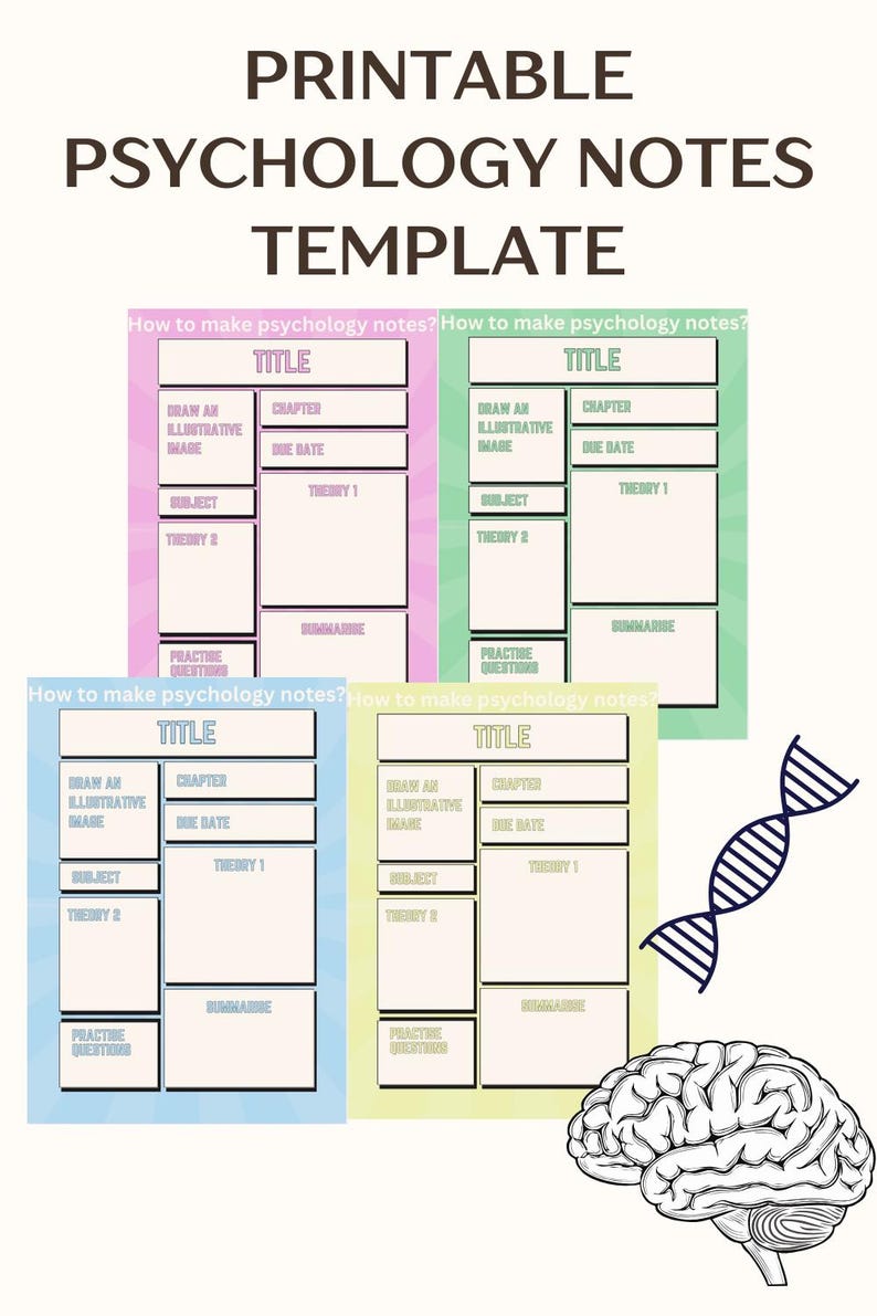 Printable Psychology Notes Template Aesthetic Study Notes Pages 4 Color Bundle Digital Download ...