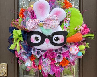 Sweet Pea Bunny Wreath, Spring Wreath, Easter Wreath, Bunny Wreath, Bunny with Glasses Wreath, spring decor, whimsical bunny, Easter decor