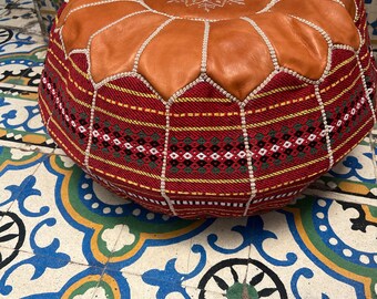 Pouf, Moroccan pouf , Leather pouf , Handmade with Leather, Brown pouf