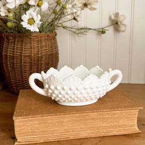 Vintage Fenton Hobnail Milk Glass Candy Dish: Mid-Century Modern Decor