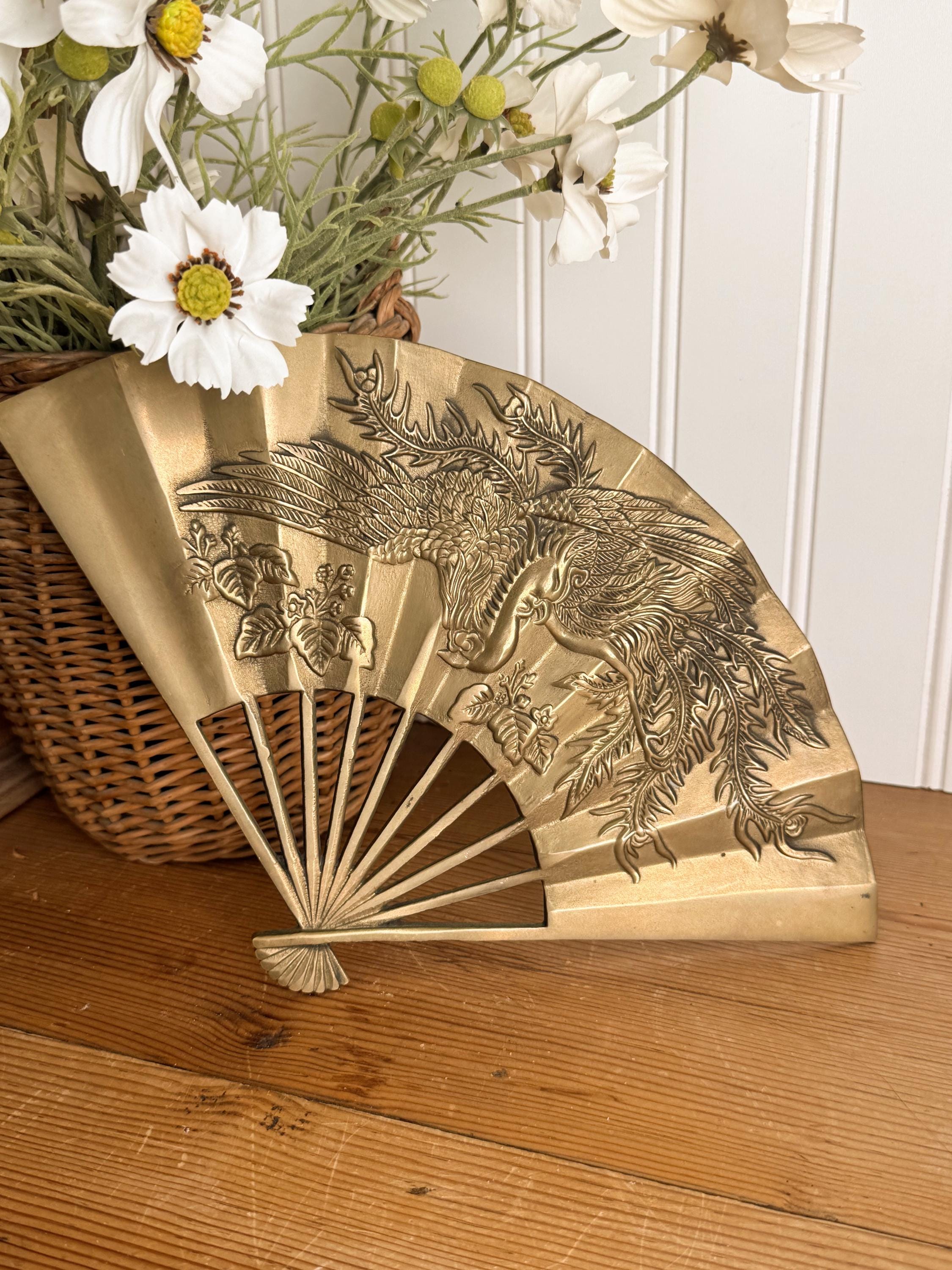 Vintage Brass Hand Fan, Wall hanging, Asian Hand fan, Peacock, Chinese Dragon, Bohemian Decor