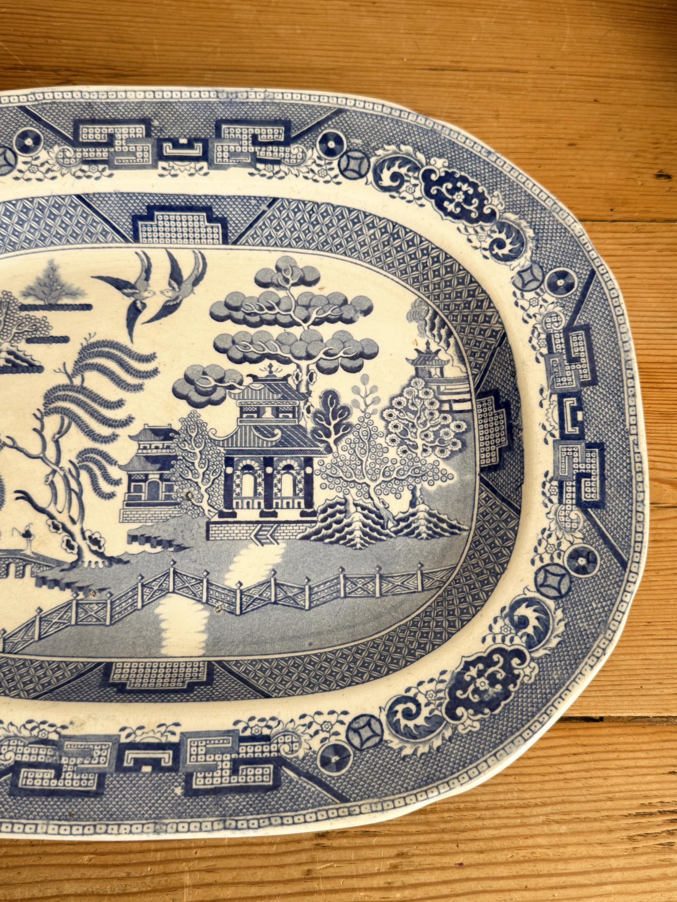 Antique Blue Willow Warranted Staffordshire Platter, Circa Late