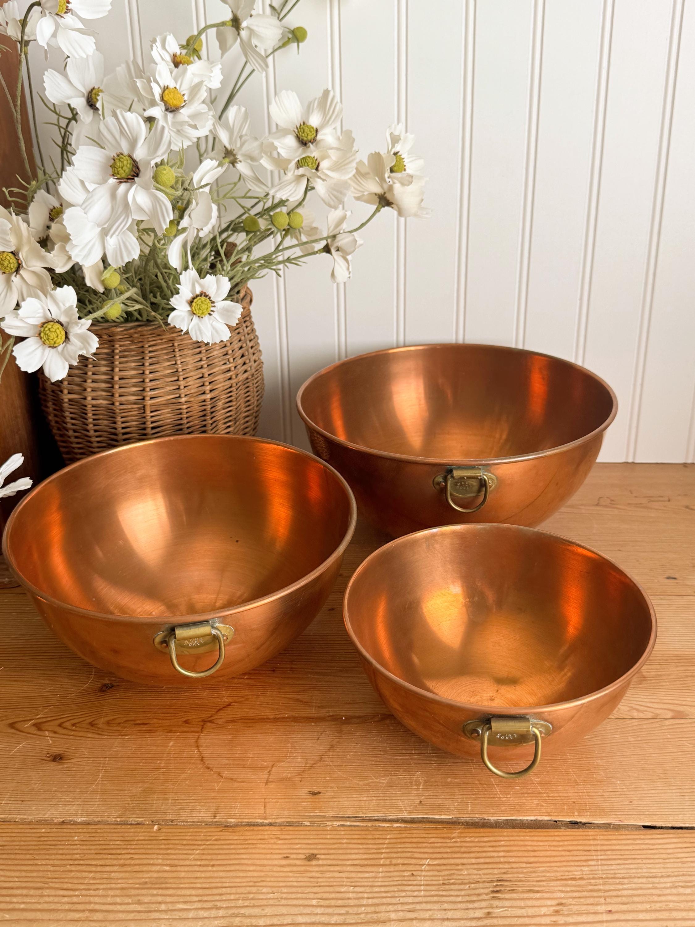Vintage Set of 3 Solid Nesting Copper Bowls with Brass Loop for Hanging, Made in Korea