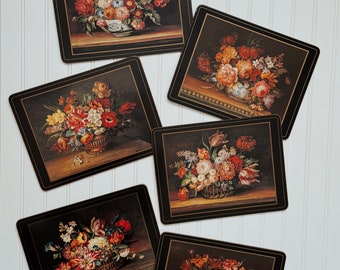 Vintage Pimpernell Cork Placemats Set of 6, Flemish Flowers, Made in England, Flower Still Life