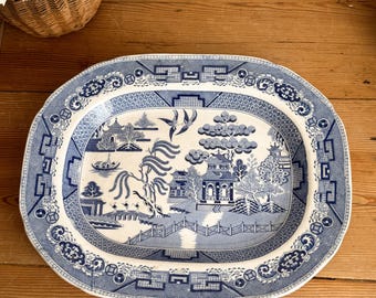 Antique Blue Willow Warranted Staffordshire Platter, Circa Late
