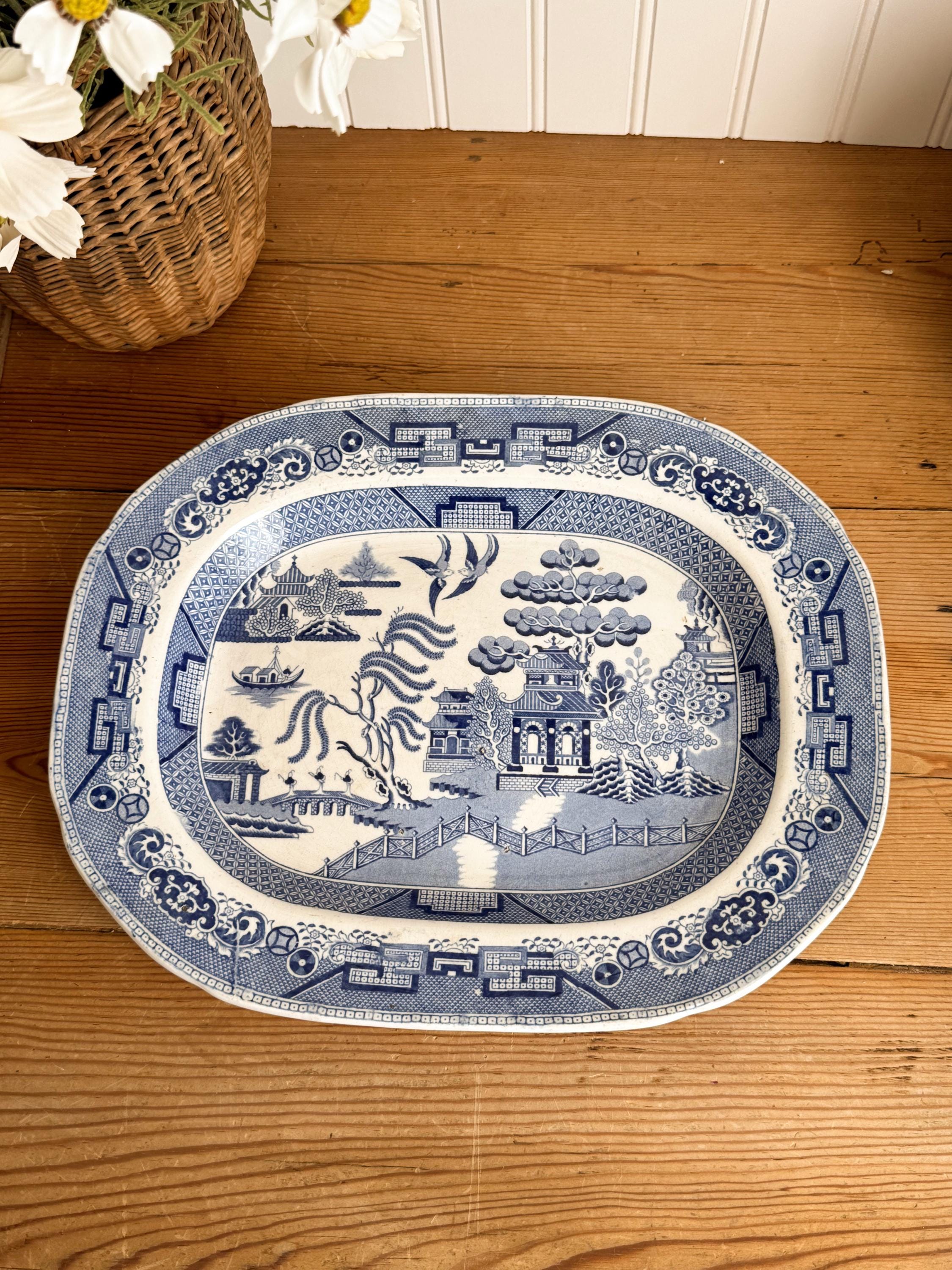 Antique Blue Willow Warranted Staffordshire Platter, Circa Late
