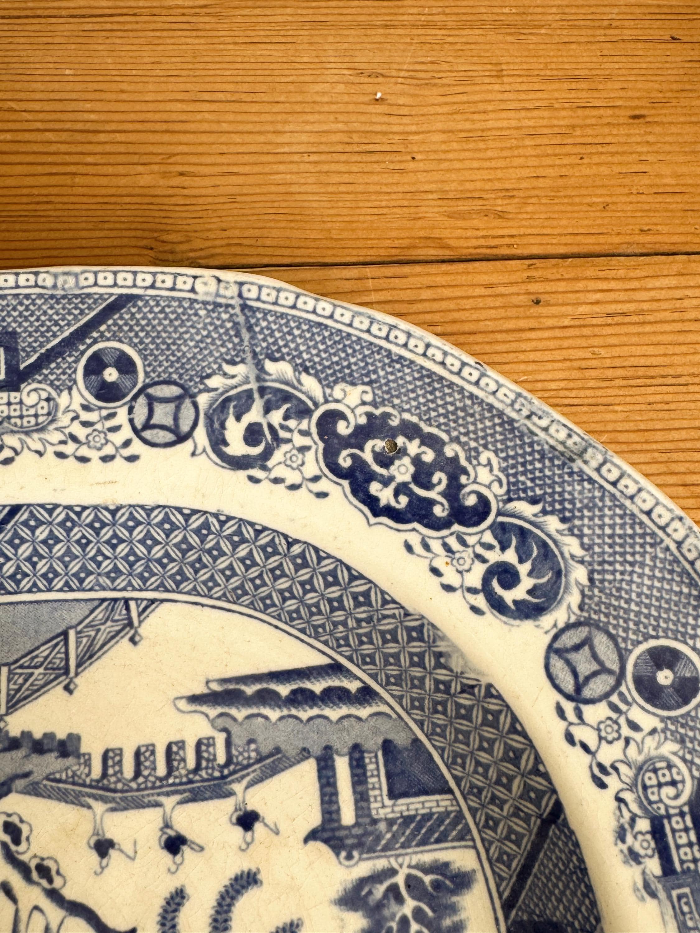 Antique Blue Willow Warranted Staffordshire Platter, Circa Late