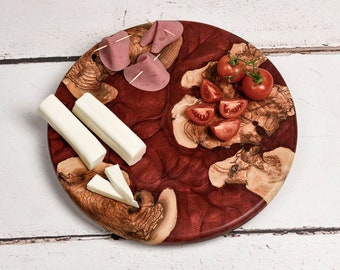 Charcuterie Board Epoxy & Olive wood, Custom Made Circular Serving Tray with Stand, Resin And Olive Wood Cutting Board, Mother Gifts