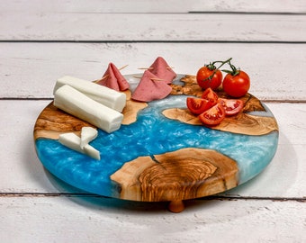 Charcuterie Board Epoxy & Olive wood, Custom Made Circular Serving Tray with Stand, Resin And Olive Wood Cutting Board, Mother Gifts