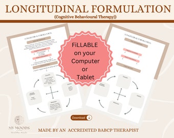 Formulación longitudinal de la TCC, conceptualización de casos, TCC, hoja de trabajo de terapia, descarga digital, formulario rellenable, hojas editables de TCC