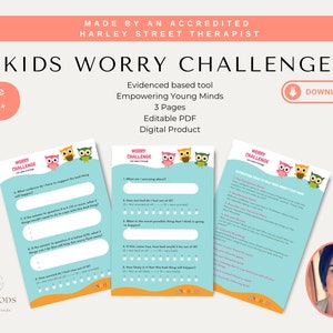 May include: A printable PDF worksheet for kids ages 7 and up to help them manage worry. The worksheet features a blue background with owls and the text "Worry Challenge". The worksheet includes questions and scales to help kids identify and challenge their worries.