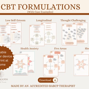 Op de afbeelding: Een set printbare CBT-werkbladen voor verschillende mentale gezondheidsthema's, waaronder laag zelfbeeld, angst, slaap en het uitdagen van gedachten. De werkbladen zijn ontworpen om op een apparaat te worden ingevuld of thuis te worden afgedrukt. De tekst "CBT FORMULATIONS (With Case Examples)" staat bovenaan de afbeelding. De tekst "MY MOODS Healthy Minds" staat onderaan de afbeelding. De tekst "MADE BY AN ACCREDITED BABCP THERAPIST" staat onderaan de afbeelding.