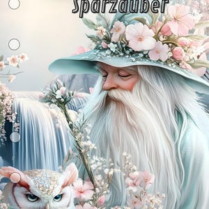 Könnte beinhalten: Illustration eines Zauberers mit langem weißem Bart und einem mit Blumen geschmückten Hut. Eine Eule sitzt in der Nähe, umgeben von rosa Blumen und einem Wasserfall. Das Bild enthält den Text "Sparzauber" und "FunForYou Budget".