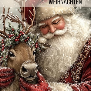 Könnte beinhalten: Eine digitale Illustration vom Weihnachtsmann mit weißem Bart und rotem Mantel, der rote Handschuhe trägt und ein Rentier umarmt. Das Rentier trägt einen Kranz aus Tannenzweigen und roten Beeren. Der Text lautet Sparziel WEIHNACHTEN und FunforYou BUDGET.