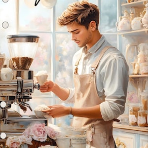 Könnte beinhalten: Ein Barista in einem weißen Hemd und einer beigen Schürze bereitet Kaffee mit einer Espressomaschine zu. Das Bild zeigt das Wort "Kaffeeliebe" und eine "FunForYou"-Tasse. Die Szene spielt in einem Café mit Blumendekorationen und verschiedenen Kaffeetassen.