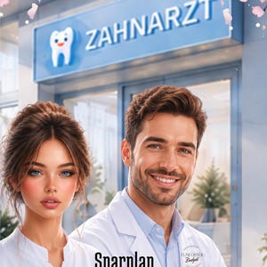 Könnte beinhalten: Ein Zahnarztpraxis-Bild mit dem Wort "ZAHNARZT" auf einem blauen Schild. Zwei Personen in weißen Kitteln stehen vor dem Gebäude. Der Text "Sparplan Zahnarzt" befindet sich am unteren Bildrand.