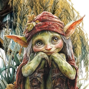 Könnte beinhalten: Eine Illustration eines grünhäutigen Goblins mit großen Ohren, der eine rote Mütze und Stiefel trägt und auf einem Kissenstapel sitzt. Das Bild enthält den Text "FUNFORYOU Budget" und "3 Monate No Spend".