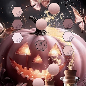 Könnte beinhalten: Eine digitale Illustration mit einem großen rosa Kürbis mit leuchtenden Augen und Mund, umgeben von rosa Schmetterlingen, schwebenden Kugeln und sechseckigen Symbolen mit Würfeln. Zwei Glasflaschen mit Korken stehen im unteren Bereich.