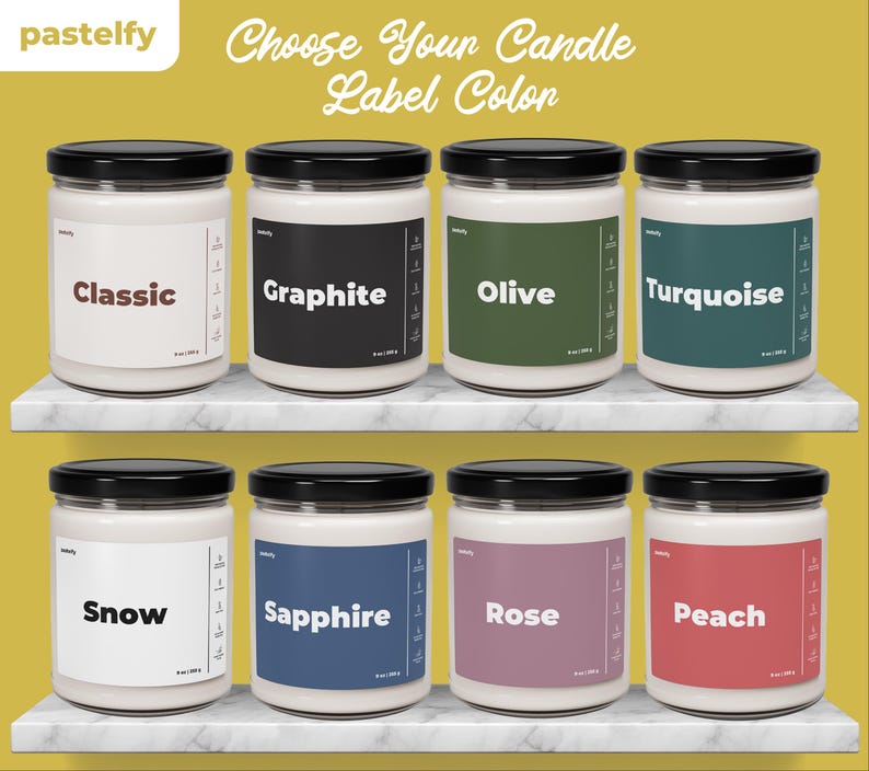 May include: Eight glass candle jars with black lids and white labels. The labels have different colors and the words "Classic", "Graphite", "Olive", "Turquoise", "Snow", "Sapphire", "Rose", and "Peach" printed on them.