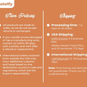 May include: A graphic with a light orange background and white text outlining store policies and shipping information. The text includes information about returns, damaged items, international orders, processing time, and shipping options for the United States and internationally.
