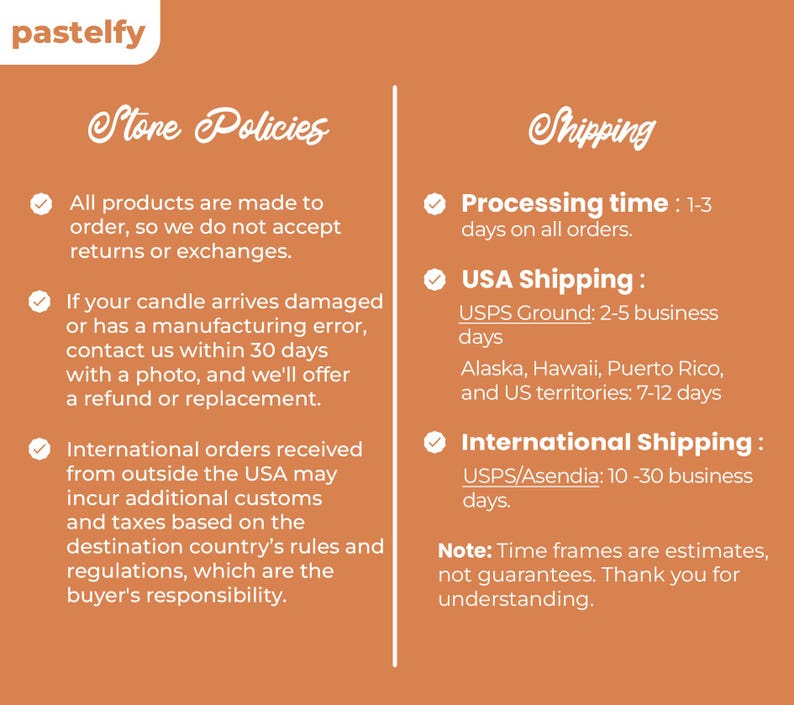 May include: A graphic with a light orange background and white text outlining store policies and shipping information. The text includes information about returns, damaged items, international orders, processing time, and shipping options for the United States and internationally.