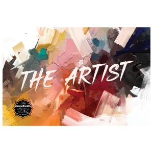 May include: Abstract painting with bold brushstrokes in shades of red, orange, yellow, pink, blue, and gray. The text "THE ARTIST" is written in white across the center of the painting.