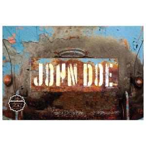 May include: A weathered, rusty metal sign with the name "JOHN DOE" in white stencil lettering. The sign is set against a backdrop of peeling blue paint and aged metal, suggesting a vintage aesthetic. The image includes a logo for "The Deadbolt Mystery Society".