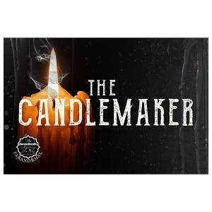 Könnte beinhalten: Digitale Illustration einer brennenden Kerze mit dem Text "THE CANDLEMAKER" in weißen, fetten Buchstaben. Die Kerze ist orange und gelb, mit Rauch, der aus der Flamme aufsteigt. Der Hintergrund ist schwarz mit weißen Punkten.