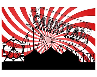 May include: A carnival-themed graphic with a red and white striped background. Silhouetted amusement park rides, including a Ferris wheel and roller coaster, are in the foreground. The words "CARNIVAL ADMIT ONE" are stamped across the top.
