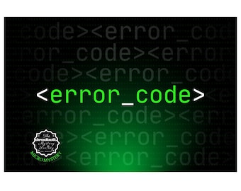 May include: A green and black digital background with the text "<error_code>" in white. The text is repeated in smaller sizes throughout the background. A logo for "The Deadbolt Mystery Society" is in the lower left corner.