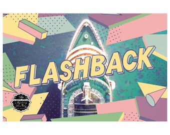 May include: A retro-style graphic with the word "FLASHBACK" in large yellow letters. The image features a cruise ship and geometric shapes in pastel colors, with a logo that says "The deadbolt Mystery Society".