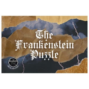 以下が含まれることがあります： 「The Frankenstein Puzzle」というタイトルが装飾的な白い文字で書かれたパズルボックス。背景には、破れた茶色の紙、嵐の青い空、稲妻が描かれています。「The Deadbolt Mystery Society」の小さなロゴが左下にあります。